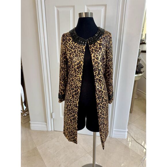 Open Front Midi Brown Black Leopard Print Duster Coat Womens S XS Embellished‎ - Picture 1 of 11